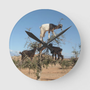 Funny goats in a tree round clock