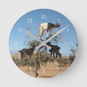 Funny goats in a tree round clock