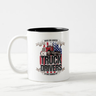 Funny God Created Truck Drivers American Flag Two-Tone Coffee Mug