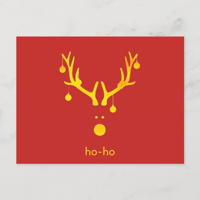 Funny gold abstract Christmas reindeer on red Holiday Postcard (Front)