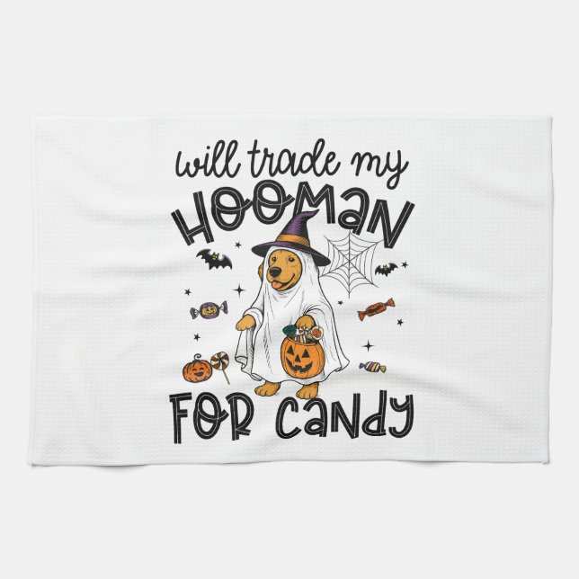 Funny Golden Dog Halloween Ghost Spooky Tea Towel (Horizontal)
