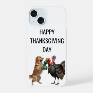 Funny Golden Retriever Boxing Turkey Happy Thanksg iPhone 15 Case