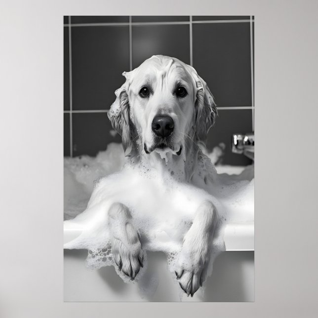 Funny Golden Retriever Bubble Bath Print, Dog Poster (Front)