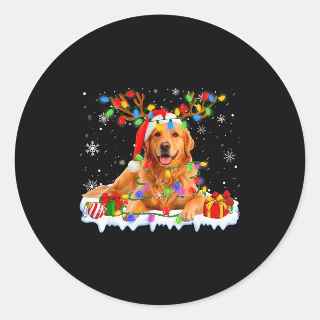 Funny Golden Retriever Christmas Santa Hat Reindee Classic Round Sticker (Front)
