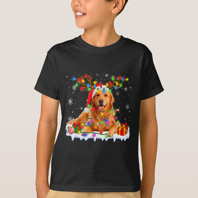 Funny Golden Retriever Christmas Santa Hat Reindee T-Shirt (Front)