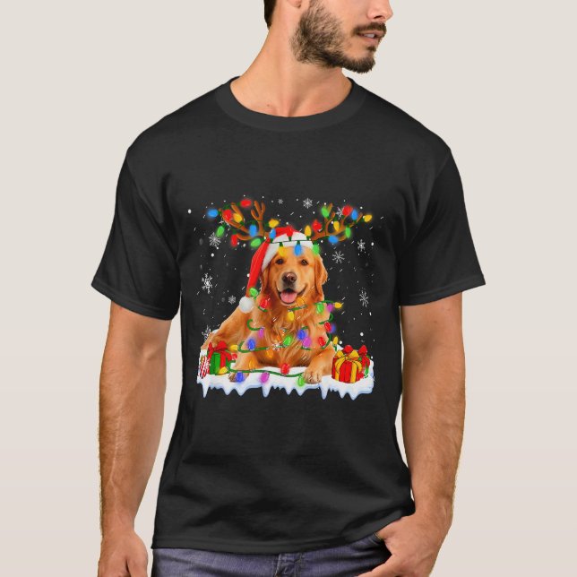 Funny Golden Retriever Christmas Santa Hat Reindee T-Shirt (Front)