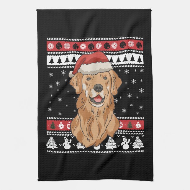 Funny Golden Retriever Christmas Tea Towel (Vertical)