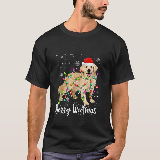 Funny Golden Retriever Dog Light Merry Christmas W T-Shirt (Front)