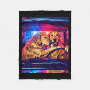 Funny golden retriever dogs driving car retro pop fleece blanket