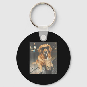 Funny golden retriever drinking boba tea pet lover key ring