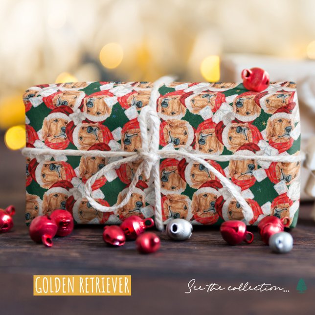 Funny Golden Retriever Face Christmas Pattern Wrapping Paper (Creator Uploaded)