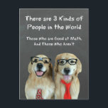 Funny Golden Retriever Math Joke Postcard<br><div class="desc">This postcard features a pair of golden retriever dogs dressed as math "nerds" who are standing in front of a chalkboard. The joke reads, "There are three kinds of people in the world. Those who are good at math, and those who aren't." Perfect for the teacher or student in your...</div>