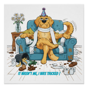 Funny Golden Retriever Messy Birthday Dog Mischiev Poster