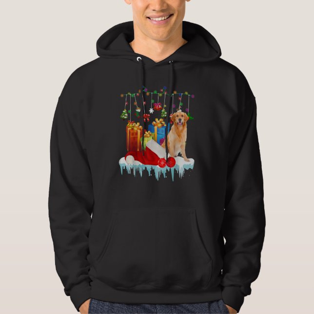 Funny Golden Retriever Santa Hat Christmas Lights  Hoodie (Front)
