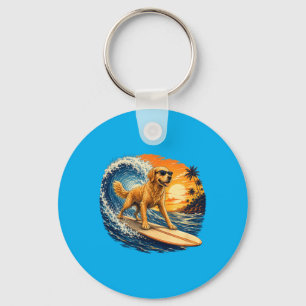 Funny Golden Retriever Surfing Beach Sunset Dog Key Ring