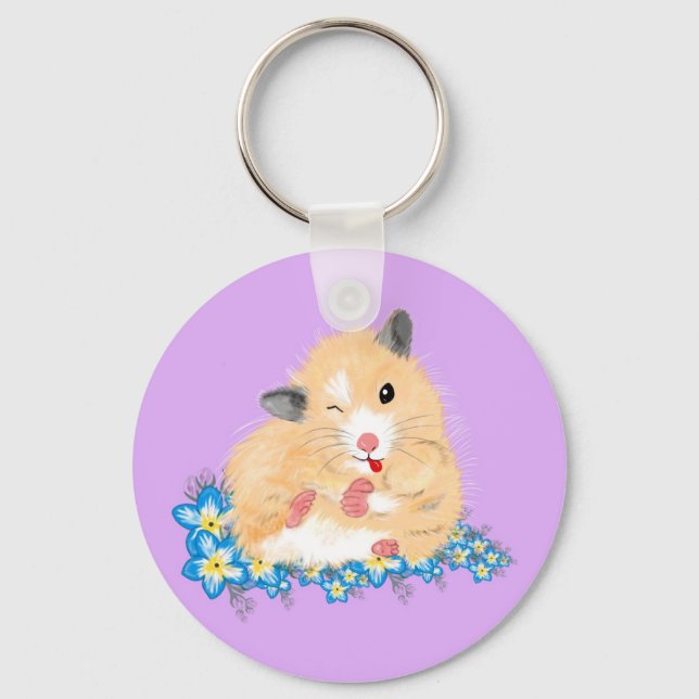 Funny Golden Syrian hamster sitting in flowers Key Ring (Front)