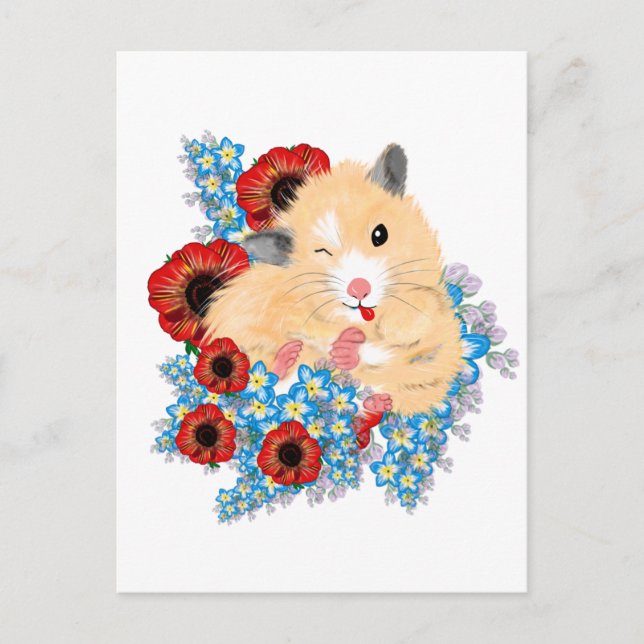 Funny Golden Syrian hamster sitting in flowers Postcard (Front)