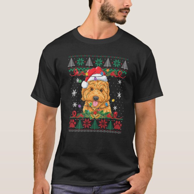 Funny Goldendoodle Christmas Lights Santa Dog Ugly T-Shirt (Front)