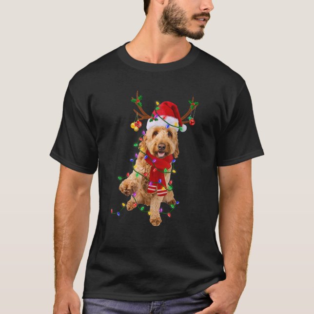 Funny Goldendoodle Dog Tree Christmas Lights Pajam T-Shirt (Front)