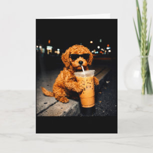 Funny goldendoodle drinking iced coffee animal mem card