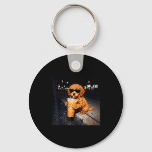 Funny goldendoodle drinking iced coffee animal mem key ring