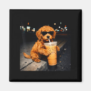 Funny Goldendoodle Drinking Iced Coffee Animal Mem Magnet
