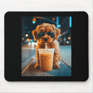 Funny goldendoodle drinking iced coffee animal mem mouse mat