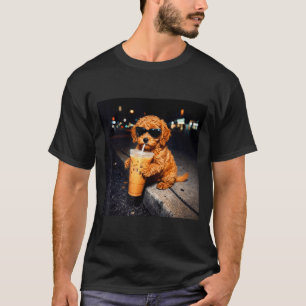 Funny goldendoodle drinking iced coffee animal mem T-Shirt