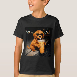 Funny goldendoodle drinking iced coffee animal mem T-Shirt