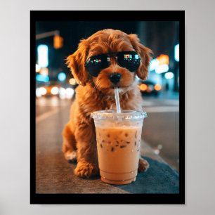 Funny goldendoodle drinking iced coffee animal poster
