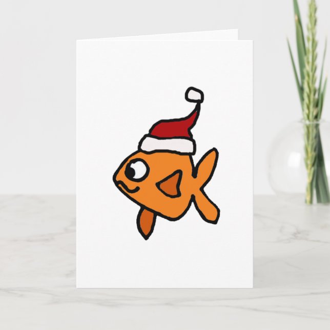 Funny Goldfish in Santa Hat Christmas Art Holiday Card (Front)