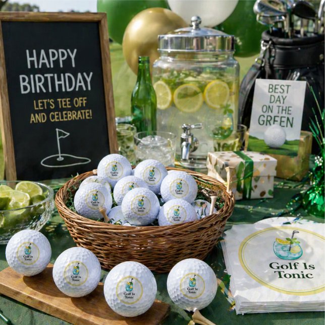 Funny Golf Ball Gift for Her | Golf Is Tonic Golf  (Golf birthday party setup with funny golf balls and matching napkins—perfect gift and event styling.)