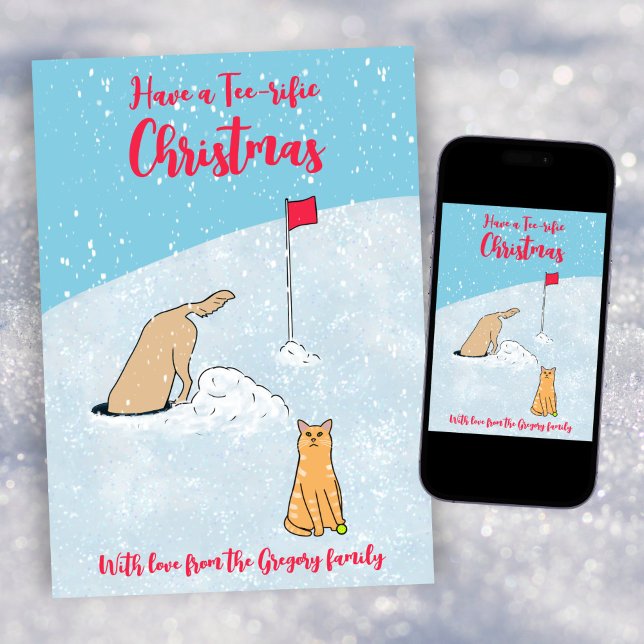 Funny Golf Cat Golden Retriever Cartoon Christmas  Holiday Card (Creator Uploaded)