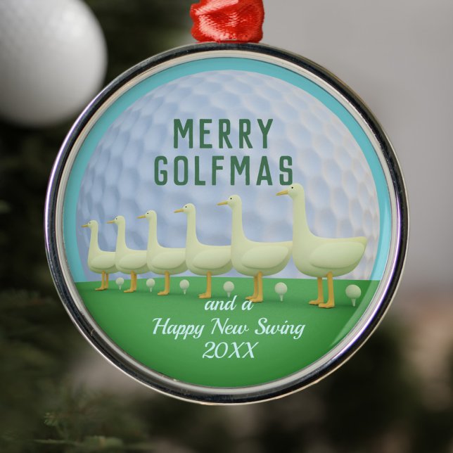 Funny Golf Merry Golfmas Golfer Metal Ornament (Merry Golfmas and a Happy New Swing! 6 Geese a laying golf balls!)