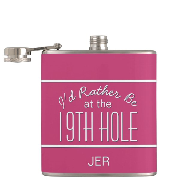 Funny Golfer 19th Hole Monogrammed Pink Girly Hip Flask (Opened)
