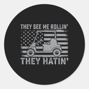 Funny Golfer Dad Husband Mens Us Flag They See Me Classic Round Sticker