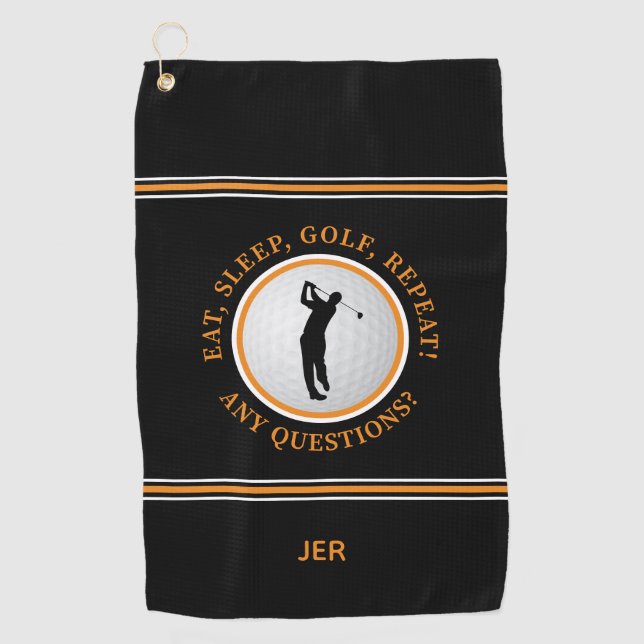 Funny Golfer Male Sports Pro Golf Black Orange Golf Towel (Front)