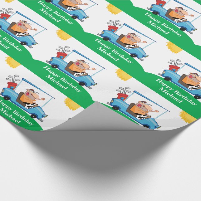 Funny Golfer On Cart Personalised Gift Wrapping Paper (Corner)