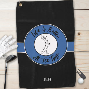 Funny Golfer Tee Humour Sports Monogram Black Blue Golf Towel