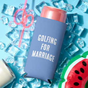 Funny "Golfing For Marriage." Blue and White Seltzer Can Cooler