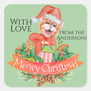 Funny Goofy Cat Colourful Meowy Christmas Pun Squa Square Sticker