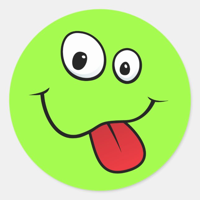 Funny goofy sticking out his tongue, green classic round sticker (Front)