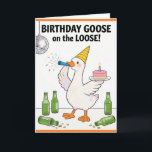 Funny Goose Card Silly Goose on the Loose Birthday<br><div class="desc">Hilarious "Birthday Goose on the Loose!" greeting card features a cartoon white goose in a party hat, blowing a confetti blower, holding a pink cake with a candle, surrounded by spilled beer bottles and a disco ball. Perfect for funny birthday cards to wild friends who love silly humor, beer-loving bros,...</div>