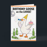 Funny Goose Card Silly Goose on the Loose Birthday<br><div class="desc">Hilarious "Birthday Goose on the Loose!" greeting card features a cartoon white goose in a party hat, blowing a confetti blower, holding a pink cake with a candle, surrounded by spilled beer bottles and a disco ball. Perfect for funny birthday cards to wild friends who love silly humor, beer-loving bros,...</div>