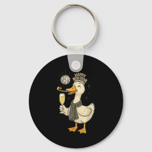 Funny Goose With Champagne Disco Ball New Years Ev Key Ring