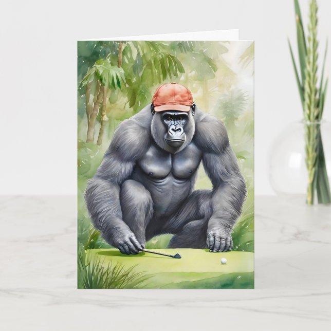 Funny Gorilla in Red Baseball Cap Playing Golf  Card (Front)
