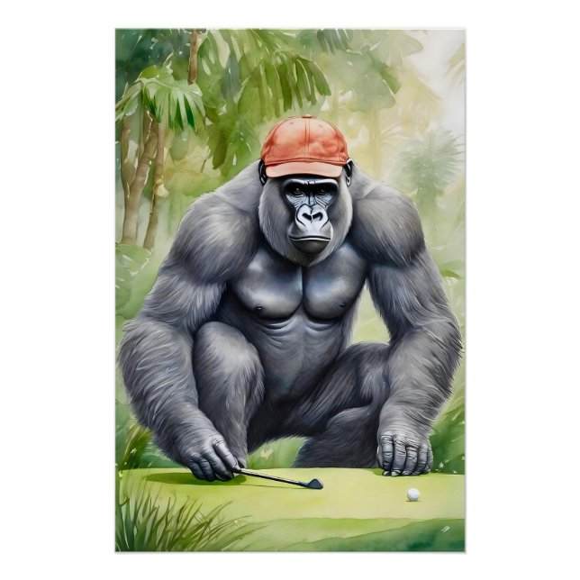 Funny Gorilla in Red Baseball Cap Playing Golf Poster (Front)
