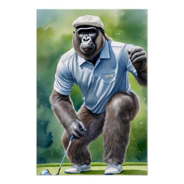 Funny Gorilla in Tan Hat Blue Shirt Playing Golf Poster (Front)