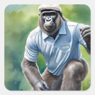 Funny Gorilla in Tan Hat Blue Shirt Playing Golf Square Sticker