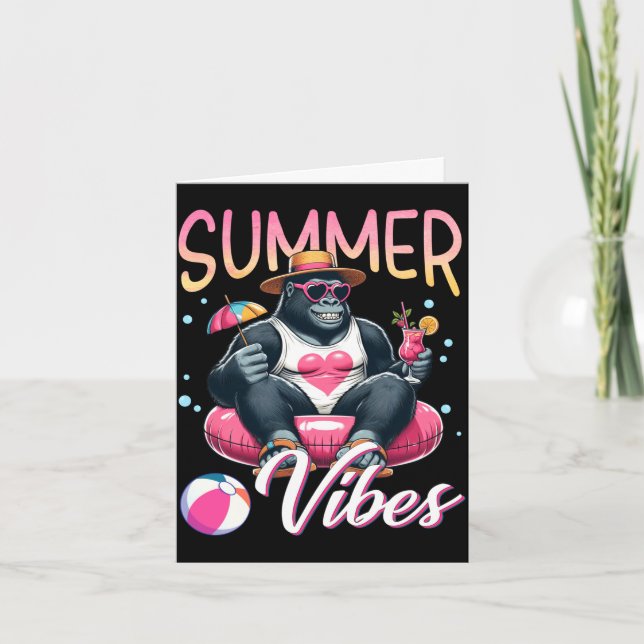 Funny gorilla swimming float summer vibes beach card (Front)